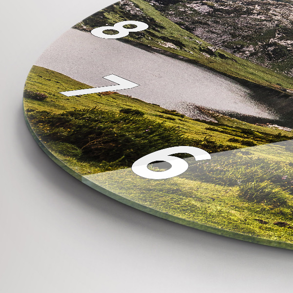 Round glass wall clock Lake and Pyrenees Mountains