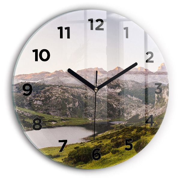 Round glass wall clock Lake and Pyrenees Mountains