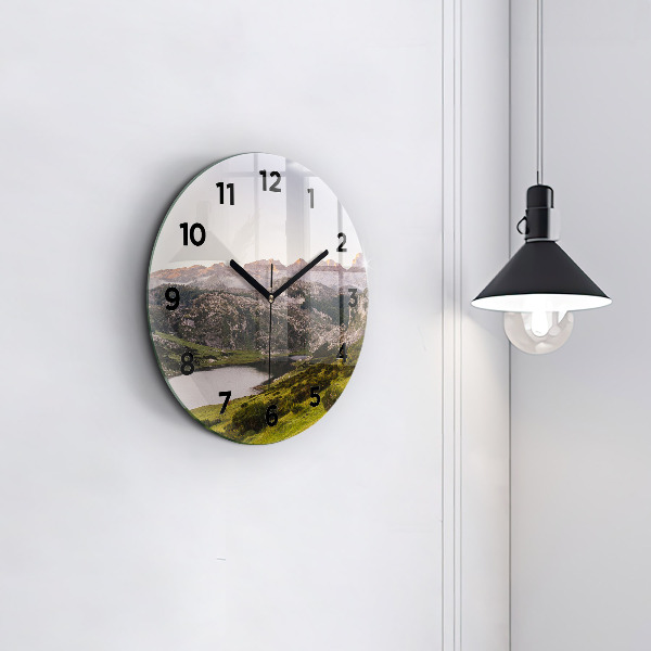 Round glass wall clock Lake and Pyrenees Mountains