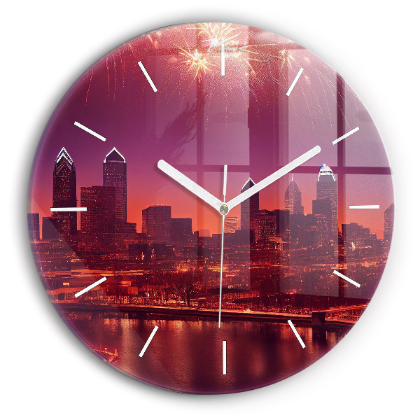 Round glass wall clock Philadelphia City at Night