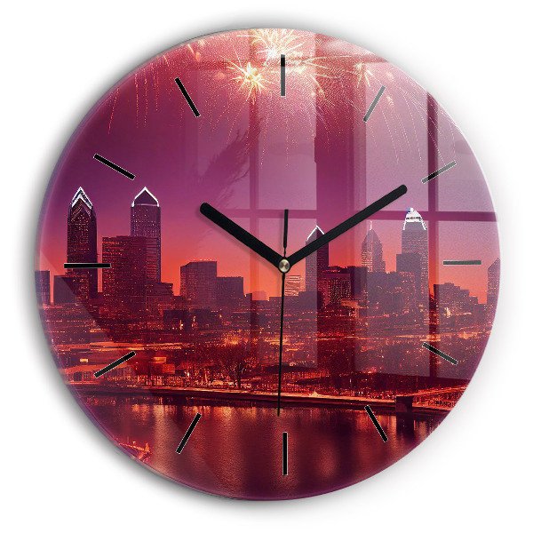 Round glass wall clock Philadelphia City at Night
