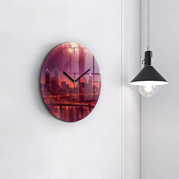 Round glass wall clock Philadelphia City at Night