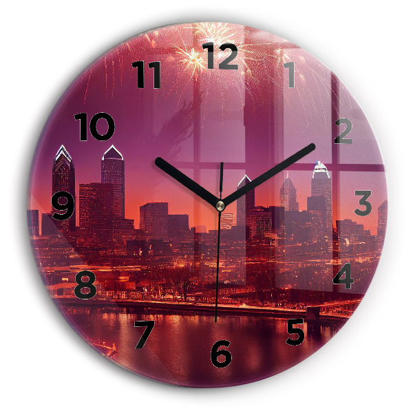 Round glass wall clock Philadelphia City at Night