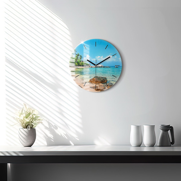 Round glass wall clock Beautiful beach in Thailand