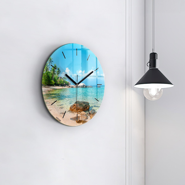 Round glass wall clock Beautiful beach in Thailand