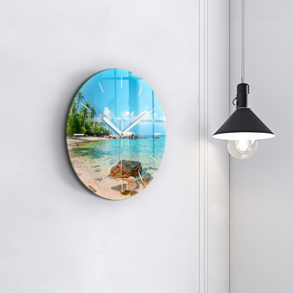Round glass wall clock Beautiful beach in Thailand