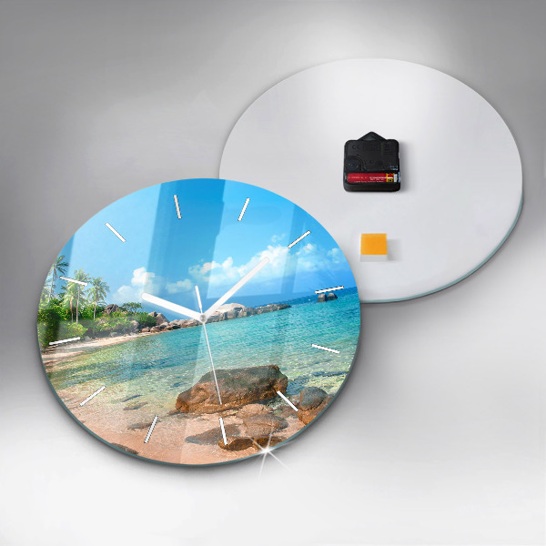 Round glass wall clock Beautiful beach in Thailand