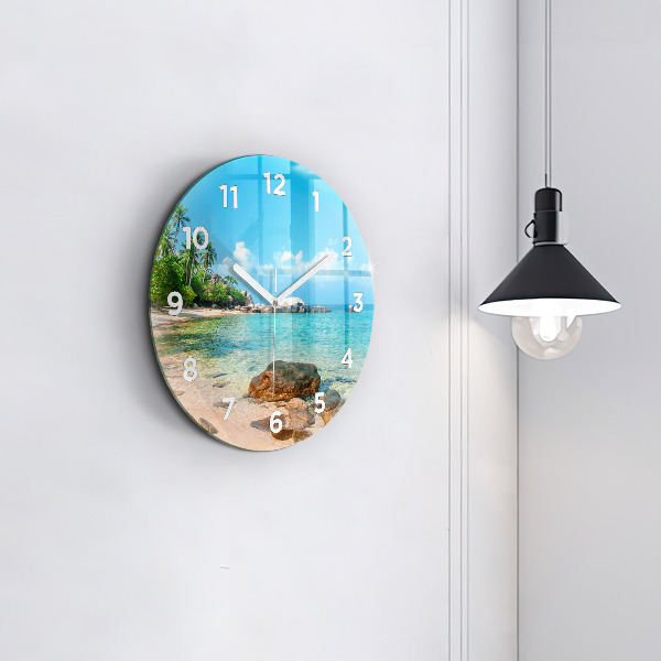 Round glass wall clock Beautiful beach in Thailand