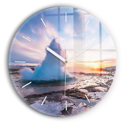 Round glass wall clock Geyser on the island of Iceland