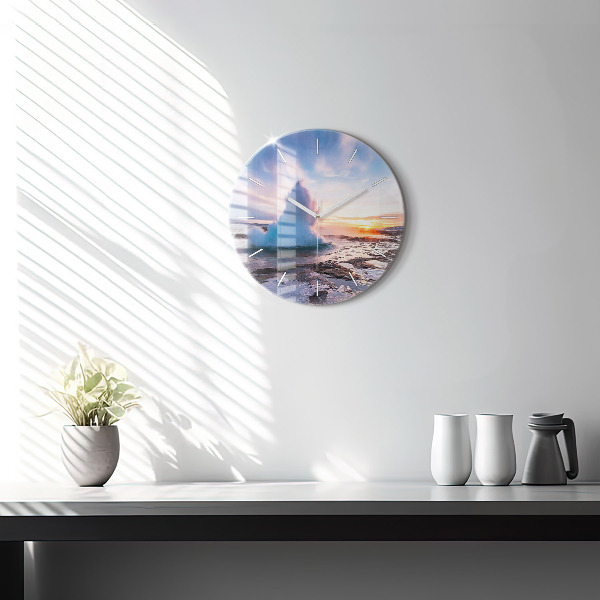 Round glass wall clock Geyser on the island of Iceland