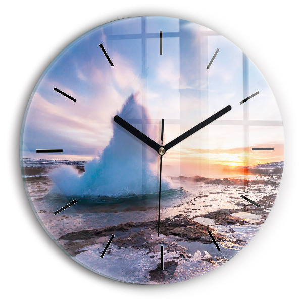 Round glass wall clock Geyser on the island of Iceland