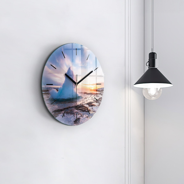 Round glass wall clock Geyser on the island of Iceland
