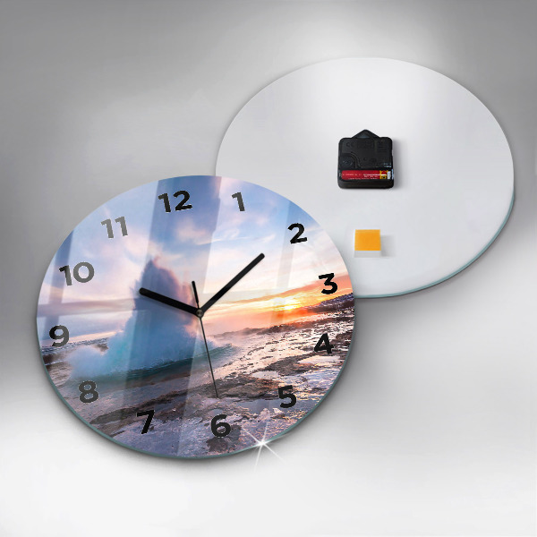 Round glass wall clock Geyser on the island of Iceland