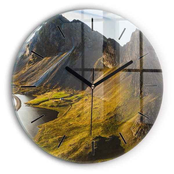 Round glass wall clock Road in Iceland