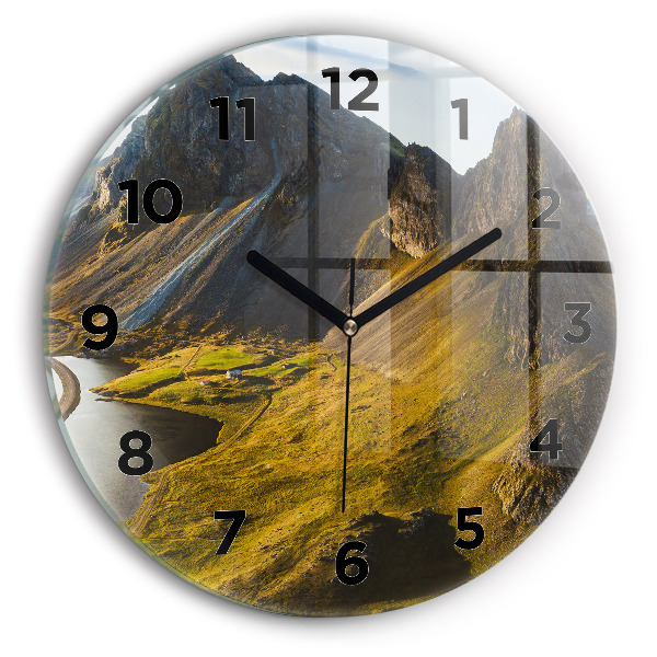 Round glass wall clock Road in Iceland