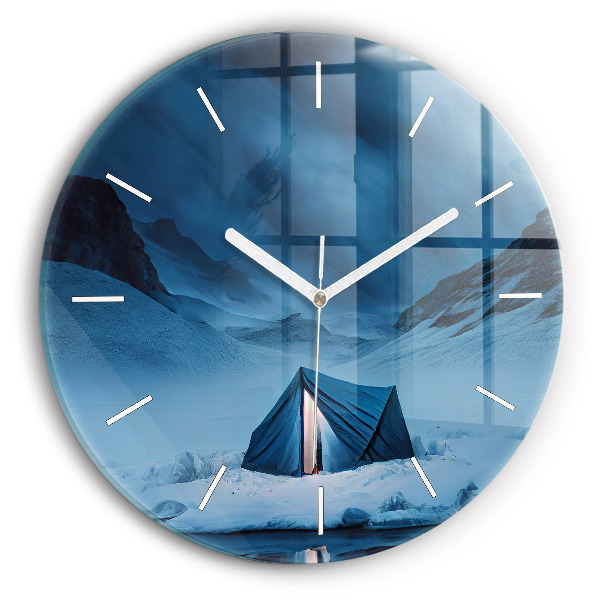 Round glass wall clock Tent in the mountains of Iceland
