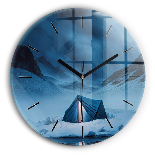 Round glass wall clock Tent in the mountains of Iceland