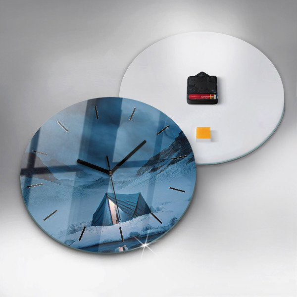 Round glass wall clock Tent in the mountains of Iceland