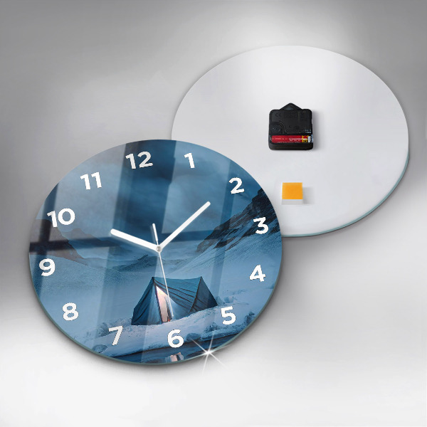 Round glass wall clock Tent in the mountains of Iceland