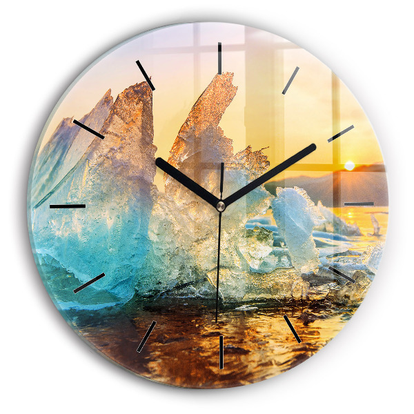 Round glass wall clock Iceberg and sunrise