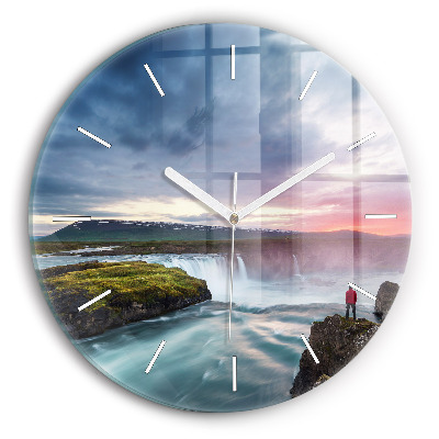 Round glass wall clock Landscape with a waterfall