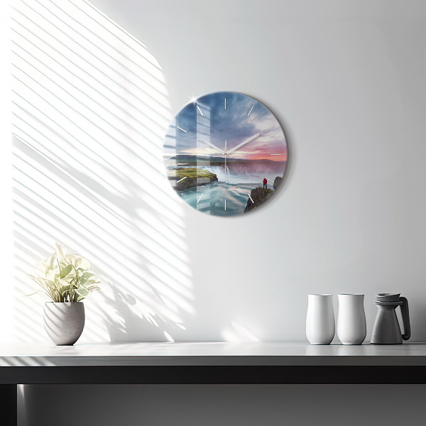 Round glass wall clock Landscape with a waterfall
