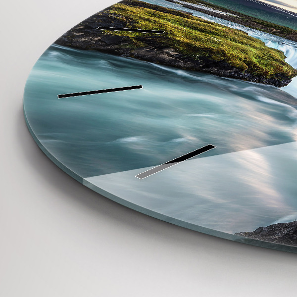 Round glass wall clock Landscape with a waterfall