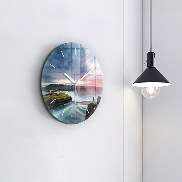 Round glass wall clock Landscape with a waterfall