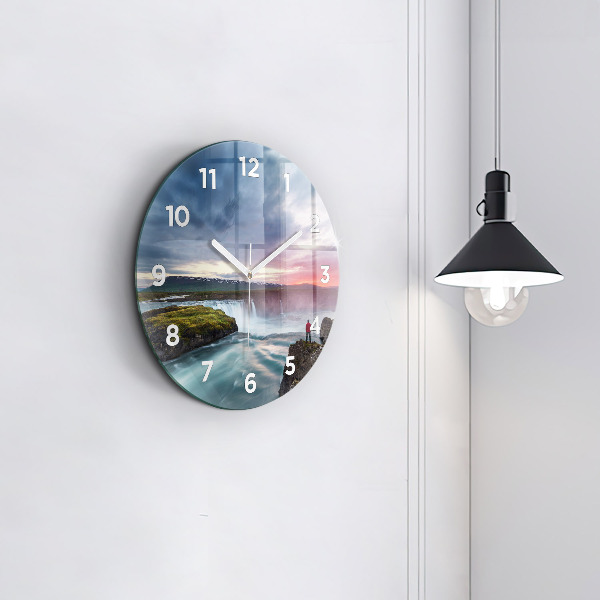 Round glass wall clock Landscape with a waterfall