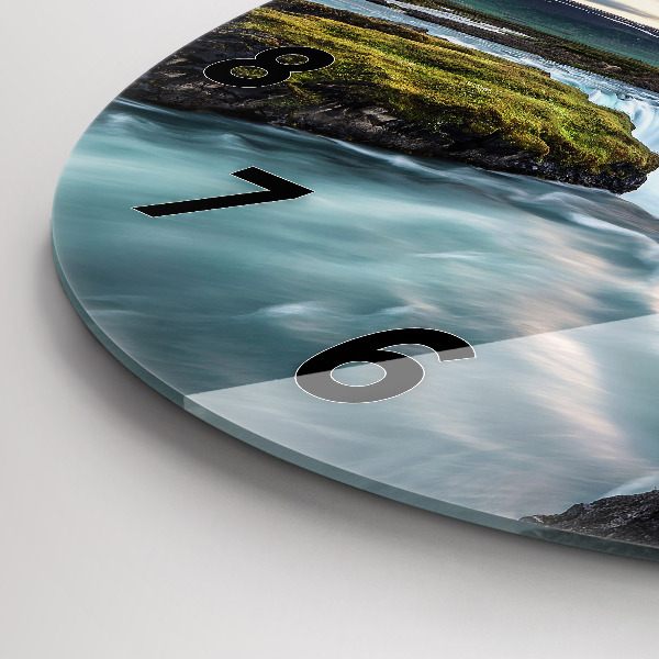 Round glass wall clock Landscape with a waterfall