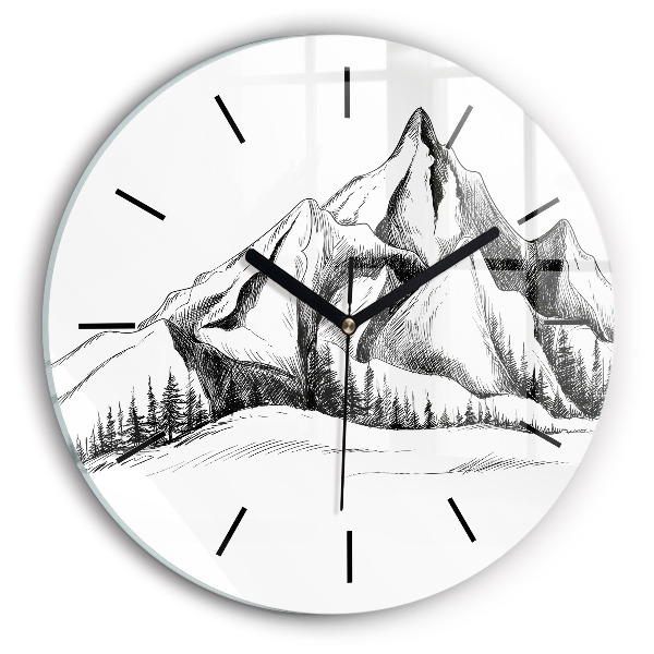 Round glass wall clock Drawn mountains