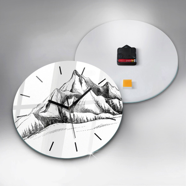 Round glass wall clock Drawn mountains