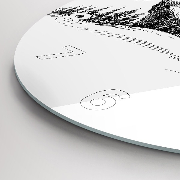 Round glass wall clock Drawn mountains