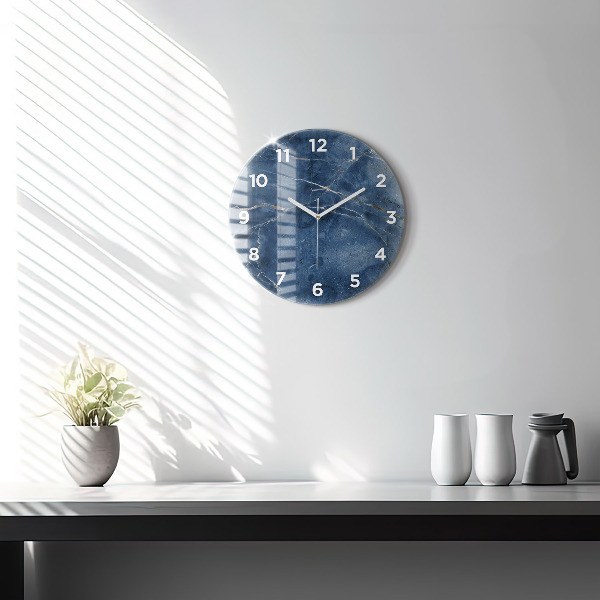 Round glass wall clock Blue marble texture