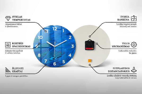 Round glass wall clock Blue marble texture