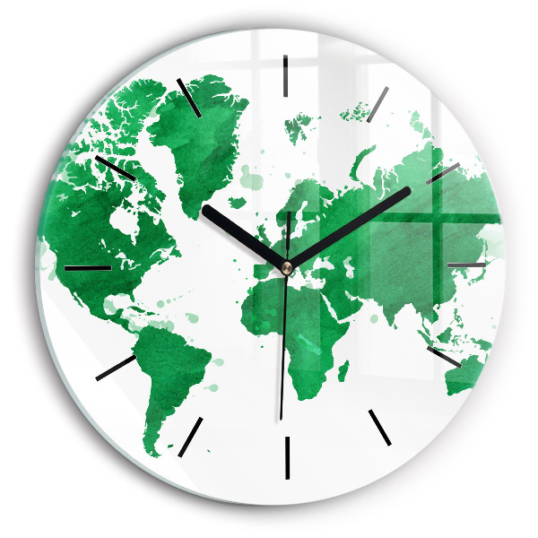 Round glass wall clock Green world map