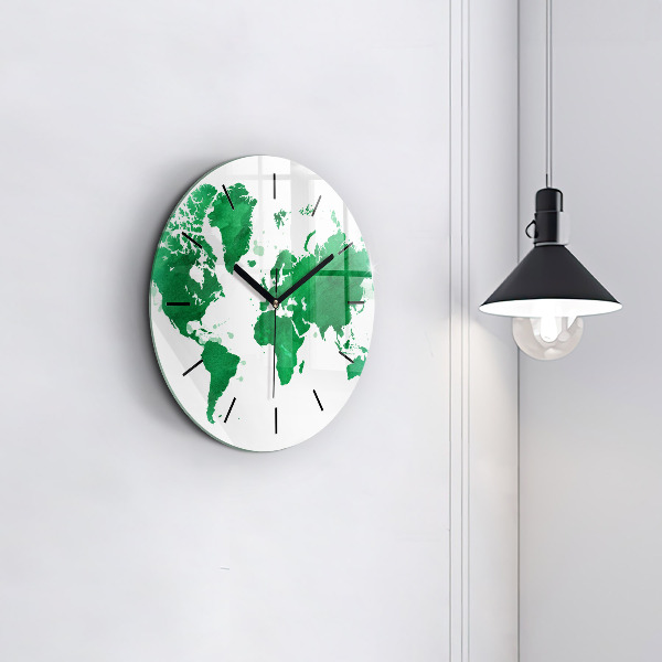 Round glass wall clock Green world map