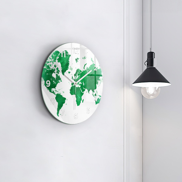 Round glass wall clock Green world map