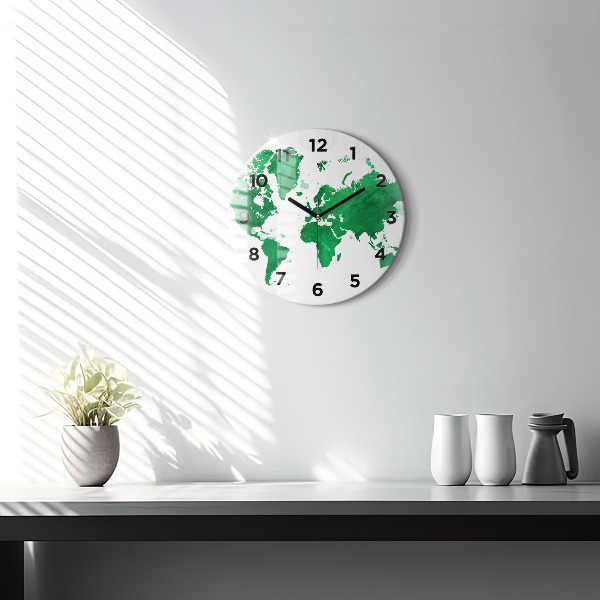Round glass wall clock Green world map