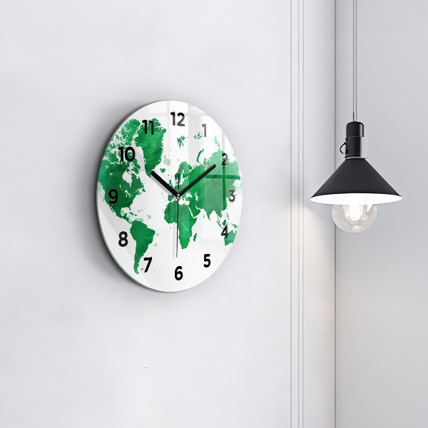 Round glass wall clock Green world map