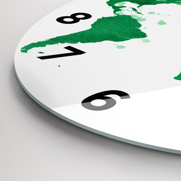 Round glass wall clock Green world map