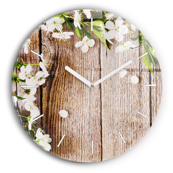 Round glass wall clock Flowers on wood