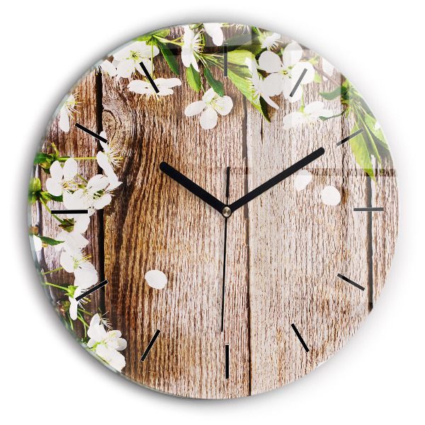 Round glass wall clock Flowers on wood