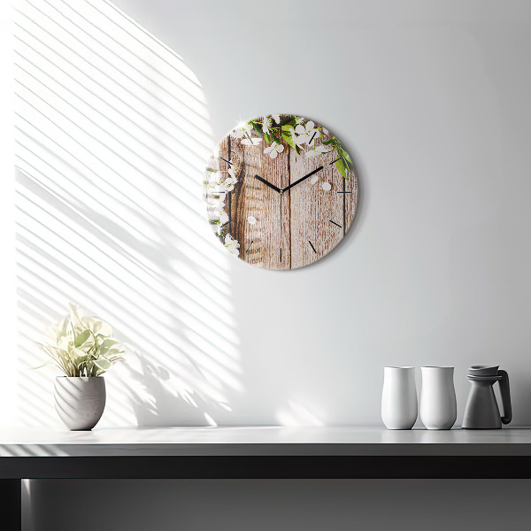 Round glass wall clock Flowers on wood