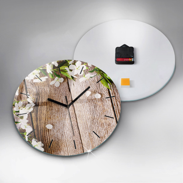 Round glass wall clock Flowers on wood