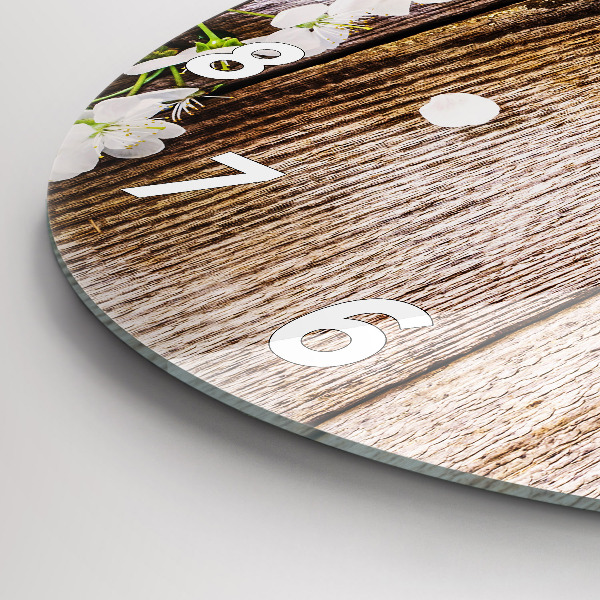 Round glass wall clock Flowers on wood