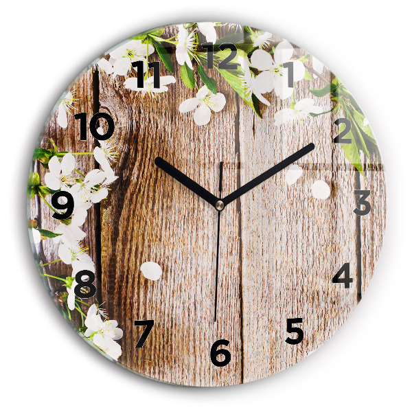 Round glass wall clock Flowers on wood