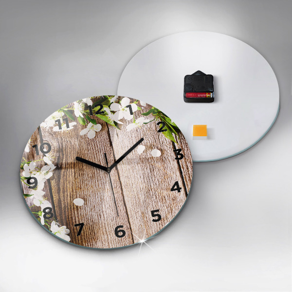 Round glass wall clock Flowers on wood