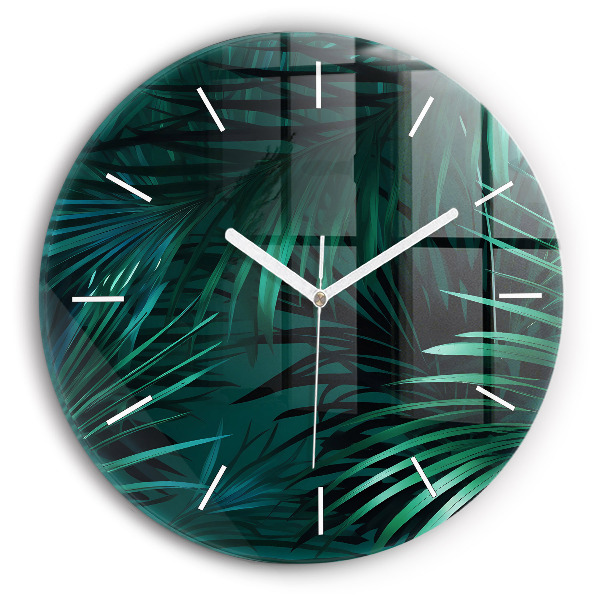Round glass wall clock Tropical leaves