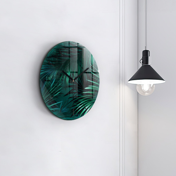 Round glass wall clock Tropical leaves